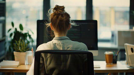 Sticker - In a cozy, plant-filled study, a woman works intently on her computer, surrounded by the tranquility and warmth of a home office environment.