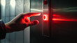 © VK Studio - A finger presses a sleek red elevator button, casting an intense, focused glow, signaling an impending journey or decision.