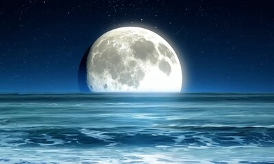 Wall Mural - A moonlit night over the ocean with a giant, glowing full moon casting silver light on the gentle wave