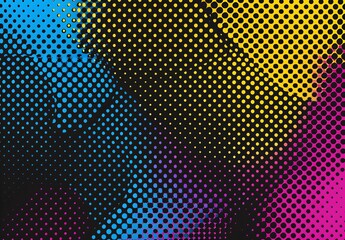 Poster - halftone pattern on black background, three color cmyk colors dots in vertical row, yellow pink and 