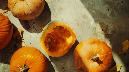 Poster - Sunlit pumpkins spread on concrete, with one halved to reveal its innards, capturing the essence of autumn harvest.