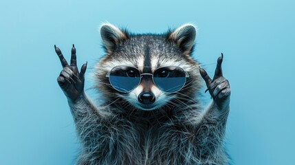 Wall Mural - A raccoon wearing sunglasses and holding up its paw in peace