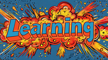 Poster - Comic book style illustration with explosions surrounding the word learning in vibrant colors