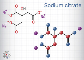 Sticker - Sodium citrate, trisodium citrate molecule. Food additive, anticoagulant. Structural formula, molecule model. Sheet of paper in a cage. Vector illustration