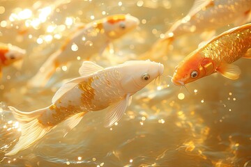 Wall Mural - Brilliant School of Gold Koi Fish Gliding Through Shimmering Golden Water