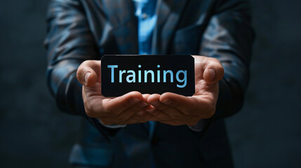 Poster - Businessman holding a black card with text training on it