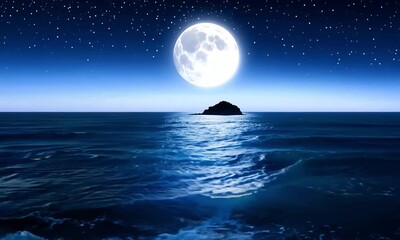 Wall Mural - A moonlit night over the ocean with a giant, glowing full moon casting silver light on the gentle wave