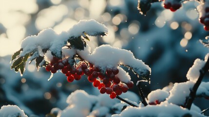 Wall Mural - Cinematic medium shot of a snow-covered rowanberry bush, under natural light
