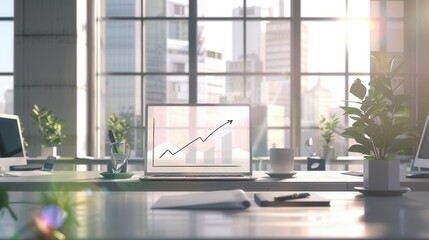 Fototapete - Natural light floods this modern office, highlighting a laptop displaying a growth chart and lush green plants on the desk. Generative AI
