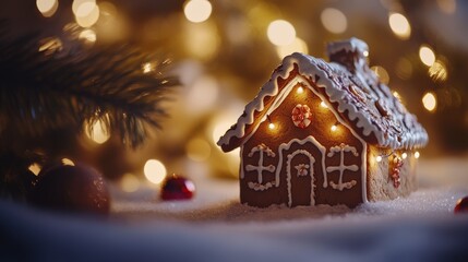 Cinematic low angle shot of a gingerbread house with twinkling lights in the background, illuminated by soft natural light