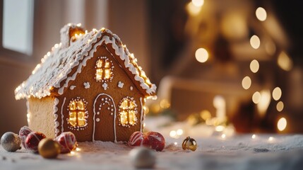 Wall Mural - Cinematic low angle shot of a gingerbread house with twinkling lights in the background, illuminated by soft natural light