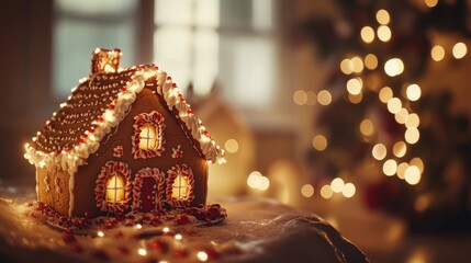 Wall Mural - Cinematic low angle shot of a gingerbread house with twinkling lights in the background, illuminated by soft natural light
