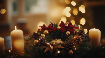 Wall Mural - Cinematic medium shot of a decorated wreath with candles in the background, under natural light