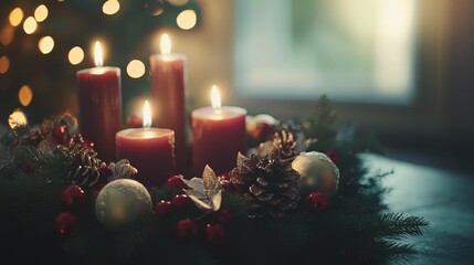 Wall Mural - Cinematic medium shot of a decorated wreath with candles in the background, under natural light