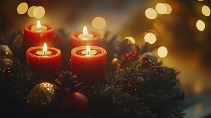 Wall Mural - Cinematic medium shot of a decorated wreath with candles in the background, under natural light