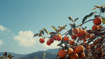 Wall Mural - Persimmons bathe in sunlight on a tranquil day, with mountains in the background, creating a picturesque, serene scene of nature's bounty.