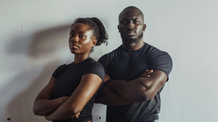 Two individuals, arms crossed and gazes fixed, exude confidence and strength in their matching black attire, framed by a minimalist setting.