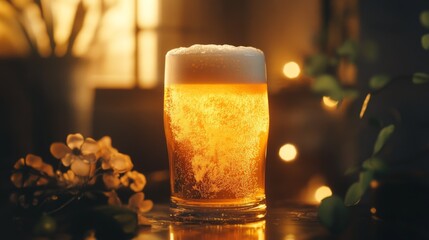 Poster - A frothy-headed beer with a golden color, illuminated by warm, soft light, creating a serene and cozy feel.