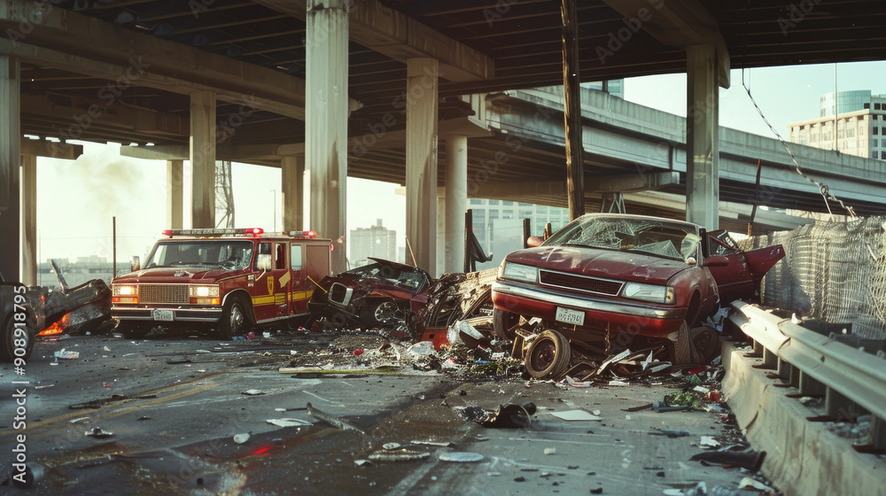 A chaotic scene of a freeway disaster with multiple wrecked cars and a ...