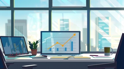 Leinwandbilder - A spacious office bathed in natural light features large windows and a clear view of the city skyline, highlighting a workspace with growth charts displayed. Generative AI
