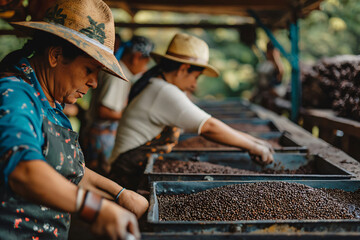 Latin american women working hard, sorting coffee beans in a coffee production facility