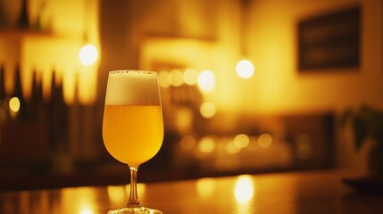 Poster - A glass of frothy golden beer, illuminated by warm, soft light, creating a cozy and inviting vibe.