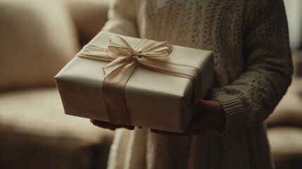 Wall Mural - Cinematic medium shot of a child holding a beautifully wrapped present, under natural light