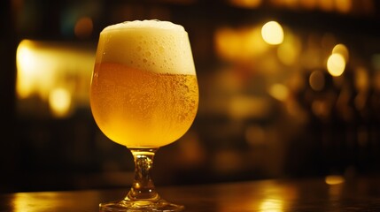 Poster - A glass of golden beer with a frothy top, bathed in warm, soft light, exuding a cozy and inviting vibe.