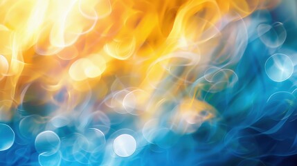 Poster - Bright light leaks blend vibrant blue and yellow hues, creating an abstract, flowing backdrop with ethereal circular bokeh effects
