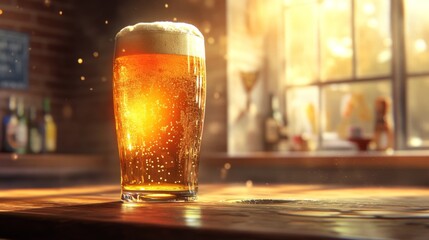 Poster - A pint of golden beer, with a rich frothy head, bathed in warm, soft light, exuding a welcoming ambiance.