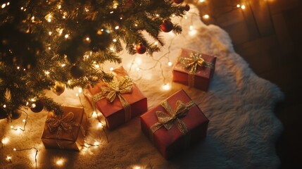 Wall Mural - Cinematic high angle shot of presents under a tree with twinkling lights, lit by natural light