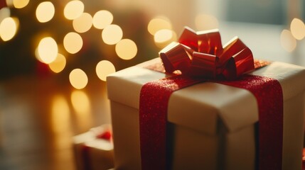 Wall Mural - Cinematic low angle shot of a stack of presents tied with festive ribbons, illuminated by soft natural light