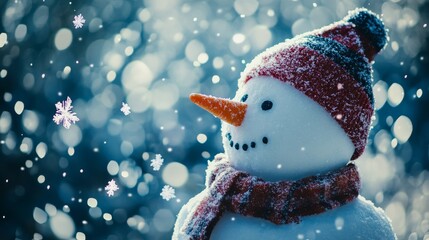 Wall Mural - Cinematic low angle shot of a snowman looking up at falling snowflakes, illuminated by soft natural light