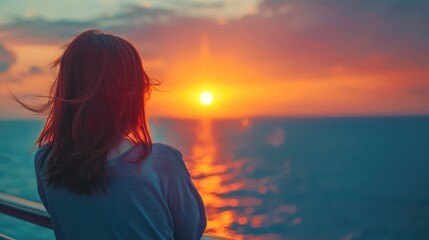 Canvas Print - Woman looking at a beautiful sunset over the ocean from a cruise ship. Serene and reflective moment perfect for travel and vacation themes. 