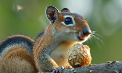 Wall Mural - Close-up of a Cute Squirrel Eating a Nut