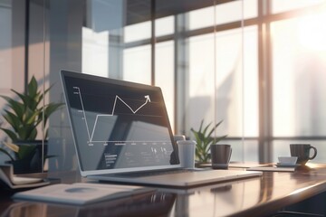 Leinwandbilder - A sleek office setup features a computer displaying growth charts, surrounded by plants and cups, illuminated by soft morning sunlight. Generative AI