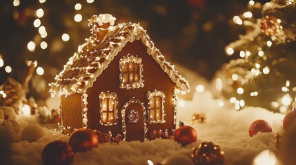 Cinematic low angle shot of a gingerbread house on display with holiday lights, illuminated by soft natural light