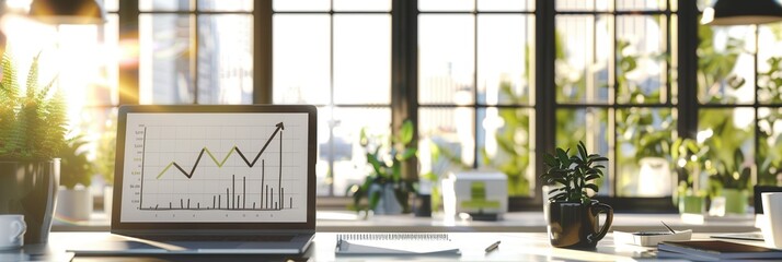 Leinwandbilder - A sleek office features large windows allowing sunlight, highlighting a laptop displaying growth trends and plants enhancing the workspace. Generative AI