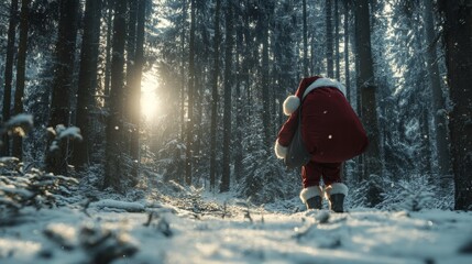 Canvas Print - Cinematic low angle shot of Santa's bag being carried through a snowy forest, illuminated by soft natural light