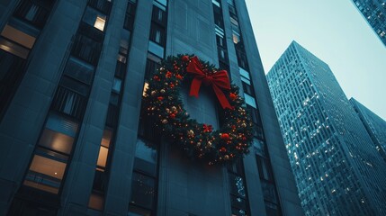 Canvas Print - Cinematic low angle shot of a large wreath on a city building during the holidays, illuminated by soft natural light