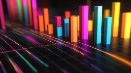 Fototapete - Abstract 3D financial graph with colorful bars and lines on a grid background.