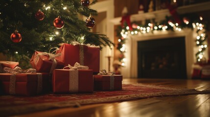 cinematic low angle shot of presents stacked under a christmas tree, illuminated by soft natural lig
