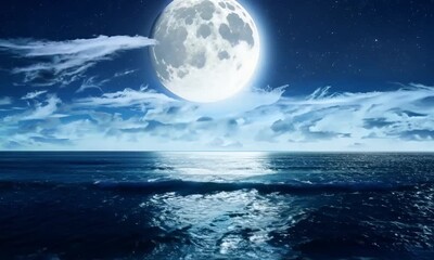 Wall Mural - A moonlit night over the ocean with a giant, glowing full moon casting silver light on the gentle wave