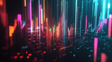 Leinwandbilder - Abstract 3D financial graph with glowing lines and bars illustrating market fluctuations.