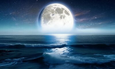 Wall Mural - A moonlit night over the ocean with a giant, glowing full moon casting silver light on the gentle wave