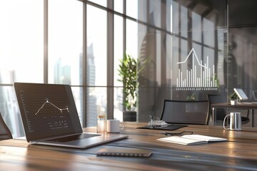 Poster - A modern office with large windows showcases a sleek workspace illuminated by natural light, featuring a laptop and essential office items. Generative AI