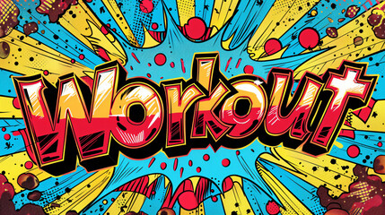 Poster - Retro comic book style phrase workout with vibrant illustrations and explosive background