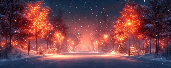 Wall Mural - A serene winter night scene featuring snow-covered trees illuminated by warm, glowing lights amidst gently falling snowflakes.