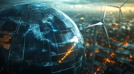 Aufkleber - Abstract 3D globe with solar panels and wind turbines, symbolizing renewable energy