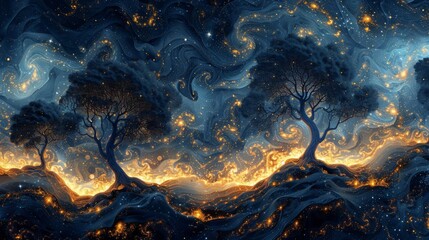 Canvas Print - painting of trees, psychedelic patterns and swirling colors